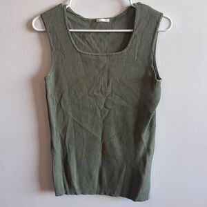 Gu Ribbed Olive Green Knit Tank Top with Square Neck